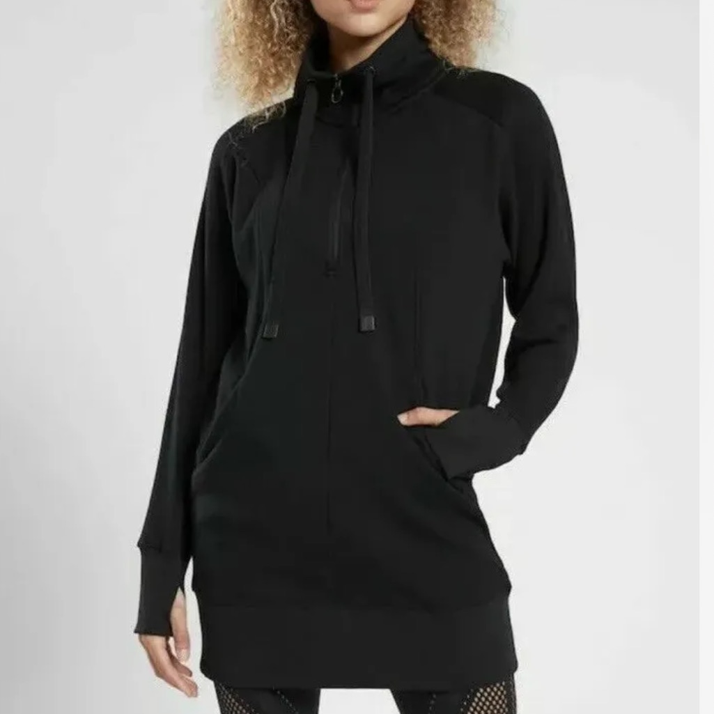 Athleta Cozy Karma 1/4 Zip Black Sweatshirt Dress Size Lt Large Tall #511527